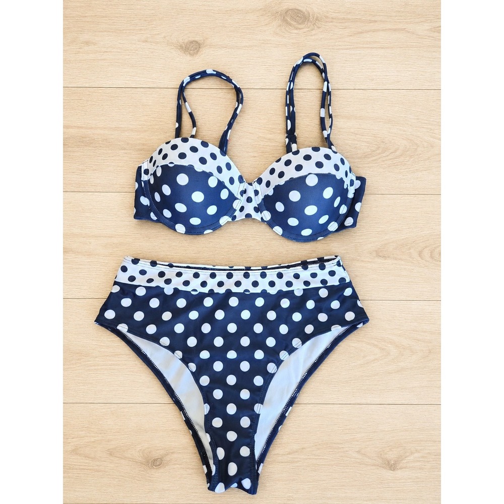 Women's Navy Blue White Polka Dot Bikini Set High Waist Size S New